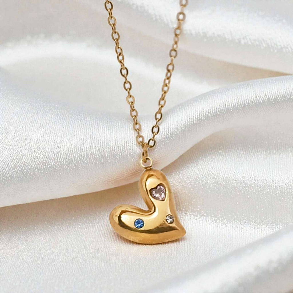 Heart necklace with zirconia, stainless steel, 18K gold PVD plated
