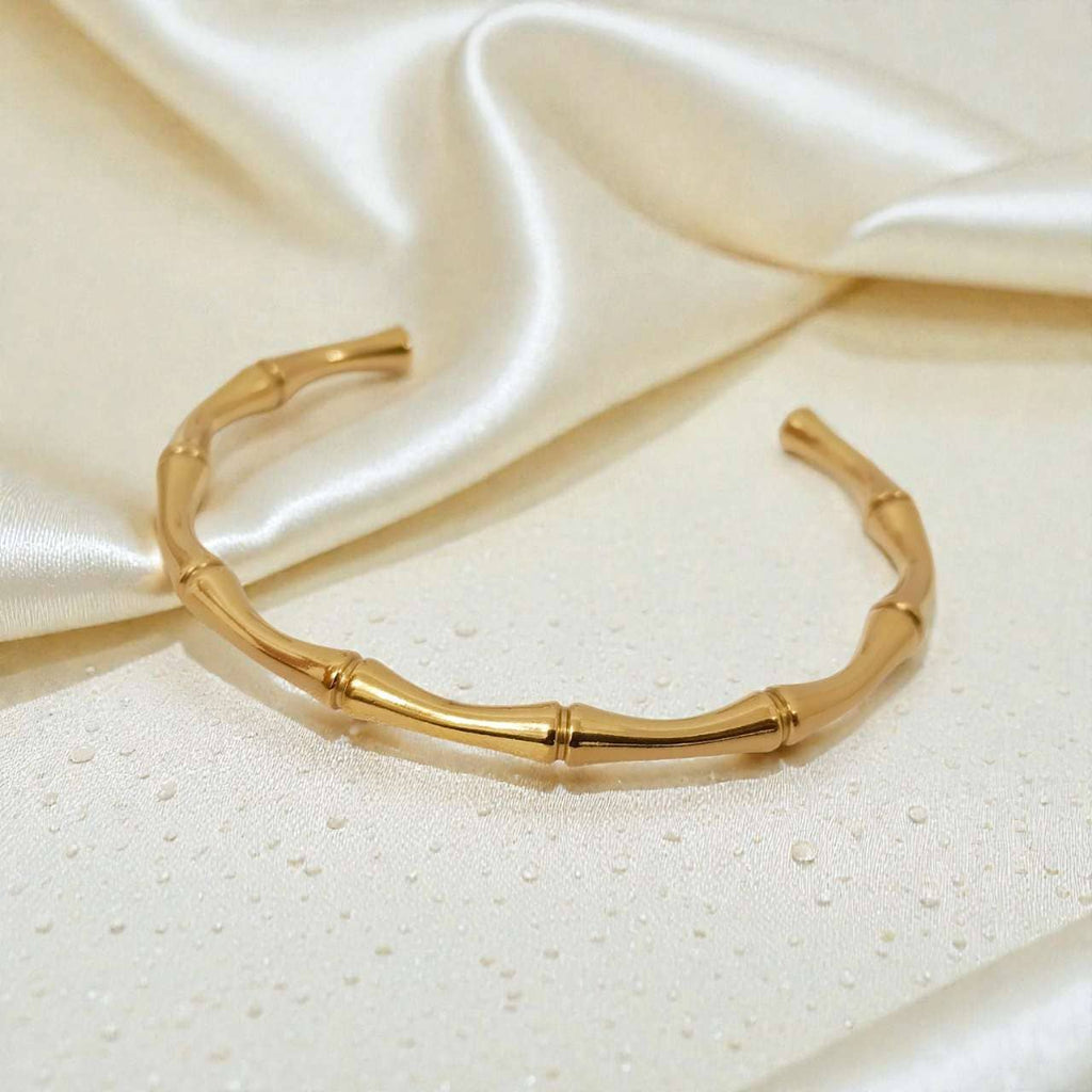 Open bamboo bracelet stainless steel gold plated 18K PVD