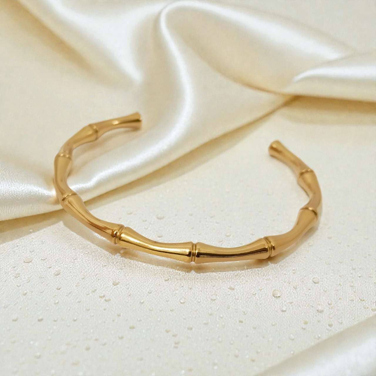 Open bamboo bracelet stainless steel gold plated 18K PVD