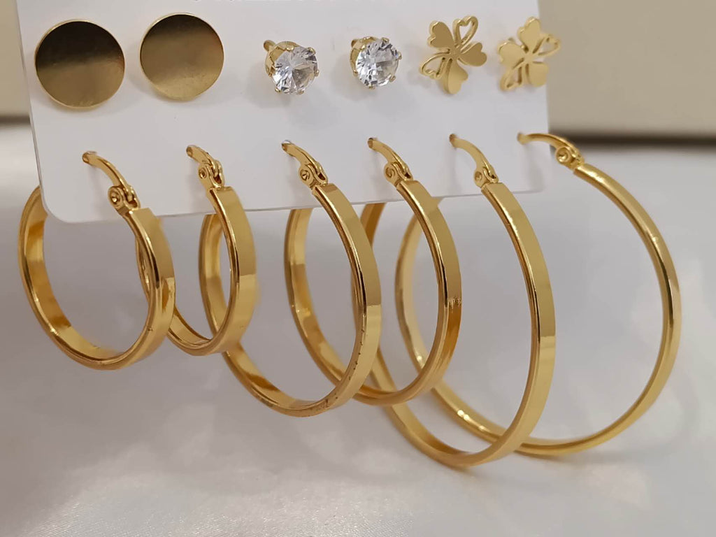 Set of 6 pairs of 18K gold-plated stainless steel earrings