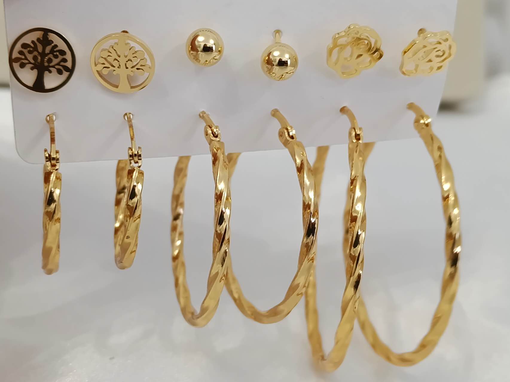 Set of 6 pairs of 18K gold-plated stainless steel earrings