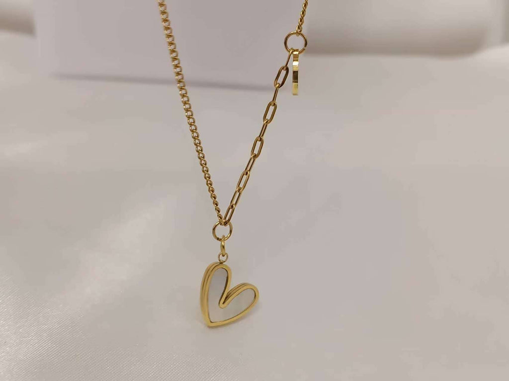 Double heart necklace with mother-of-pearl, stainless steel, 18K gold plated