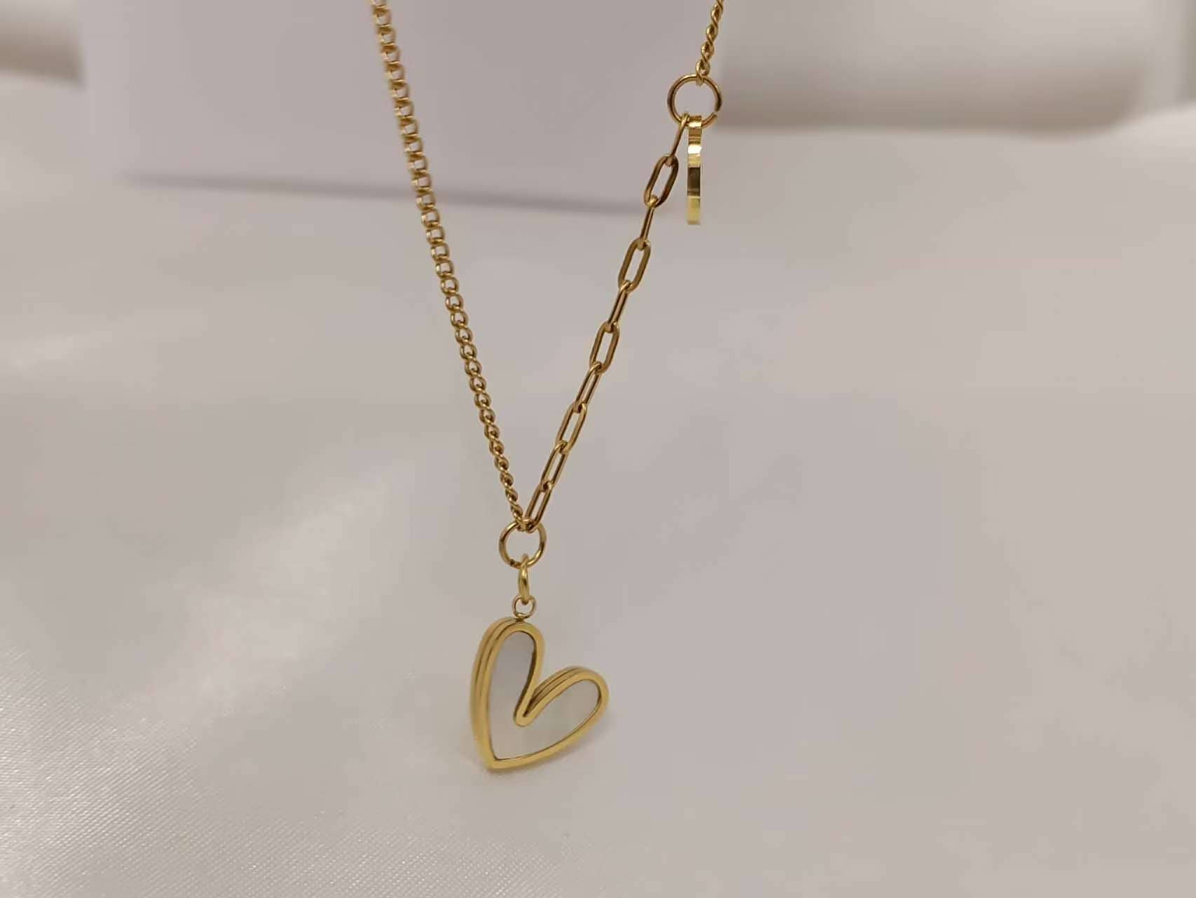 Double heart necklace with mother-of-pearl, stainless steel, 18K gold plated