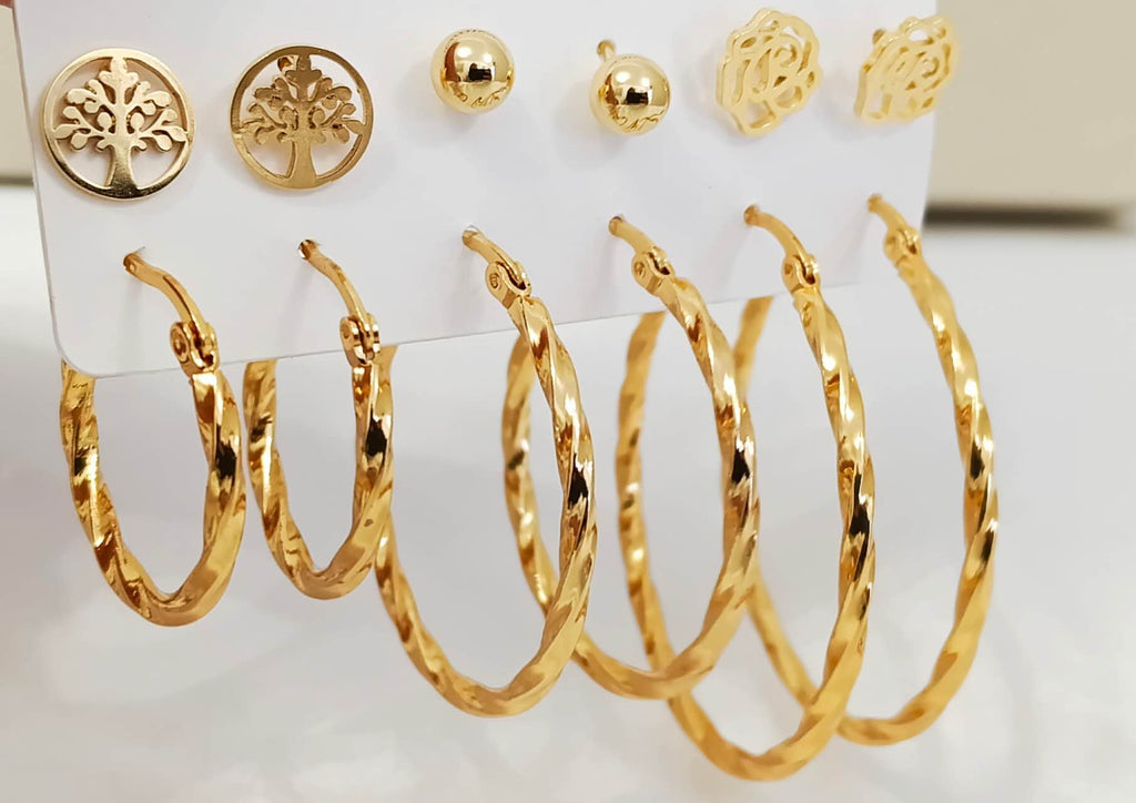 Set of 6 pairs of 18K gold-plated stainless steel earrings