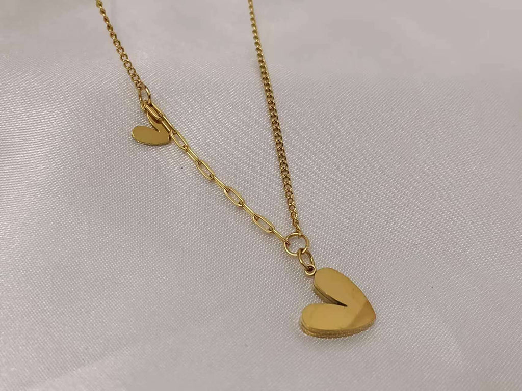 Double heart necklace with mother-of-pearl, stainless steel, 18K gold plated