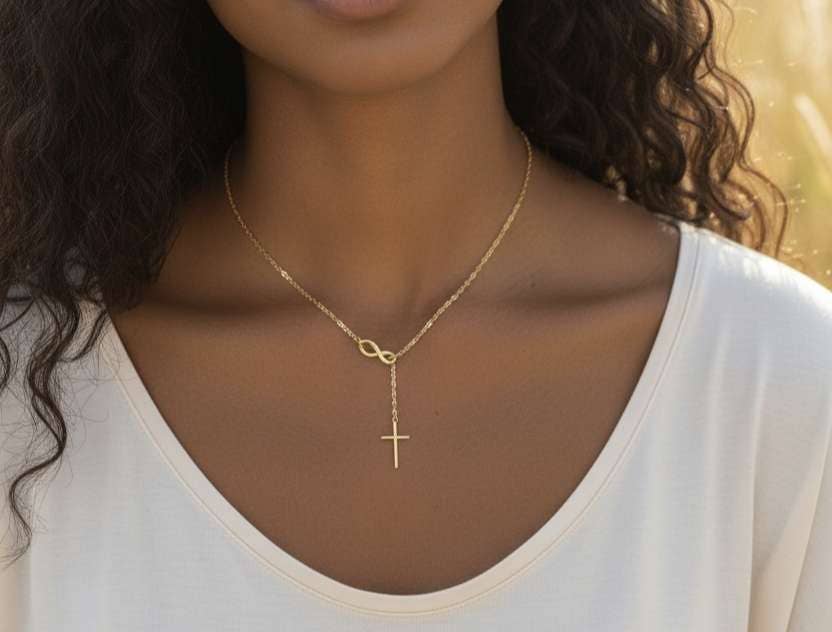 Necklace and cross infinity stainless steel 18K gold plated PVD